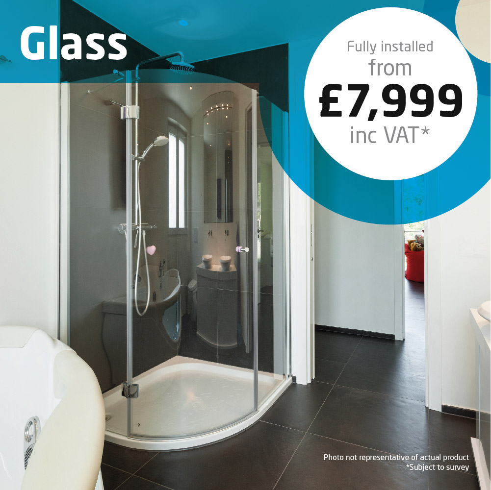 Haddow Bathrooms Glass package. For a spacious room with only a shower, stylish storage units add a touch of class and functional use of space.