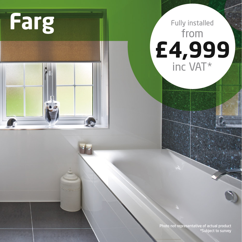 Haddow Bathrooms Farg package. A stunning robust steel bath provides practical shower and bathing facilities.