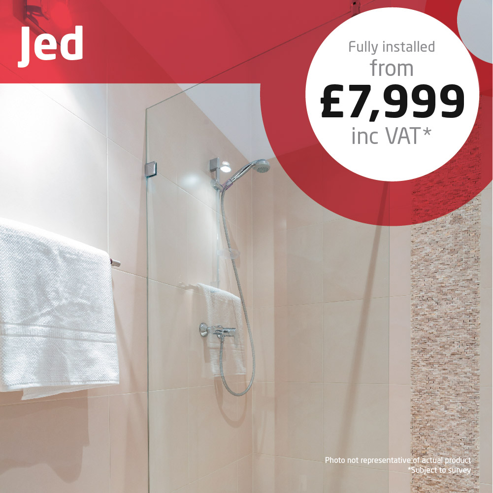 Haddow Bathrooms Jed package A typically sized en-suite with shower area and generous storage of fitted furniture.